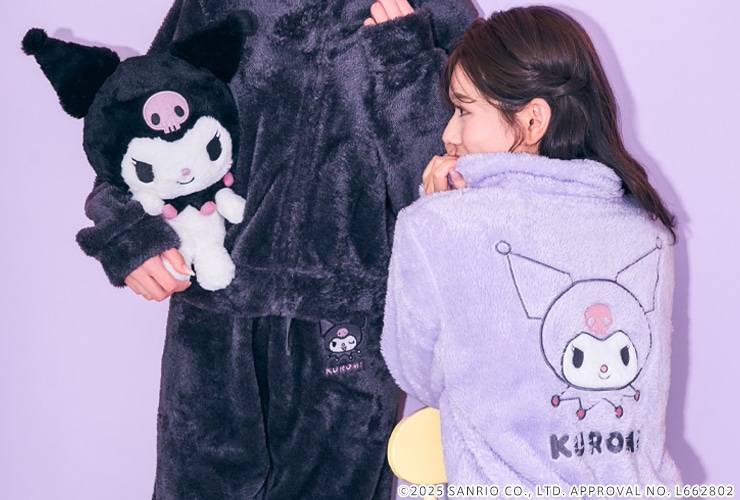 2025年 aimerfeel×サンリオキャラクターズ クロミ フリース ルームウェア上下セット。背中に大きなクロミがデザインされた冬用パジャマ。メロクロ周年記念コラボアイテム